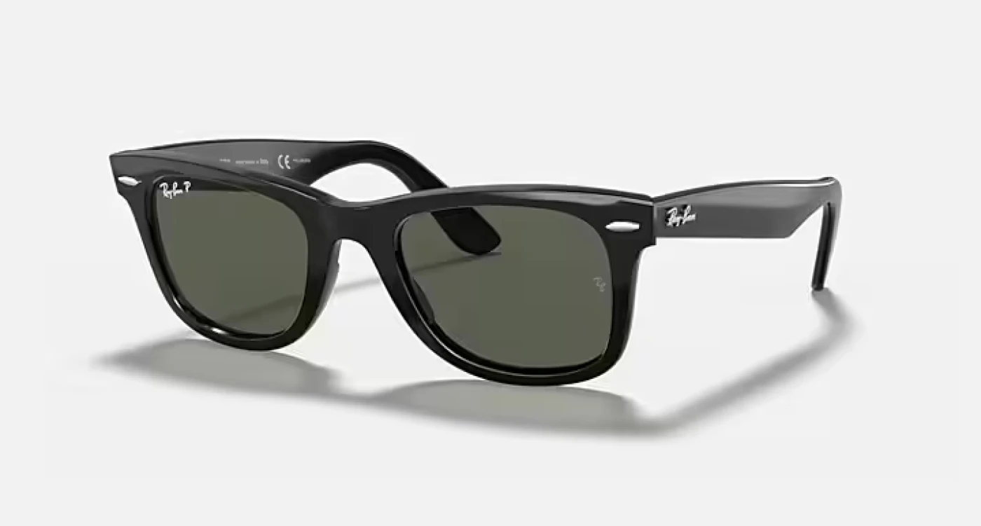عینک آفتابی اورجینال ری‌بن ویفرر کلاسیک (Wayfarer Classic) RB2140 901/58 فریم اسیتات مشکی براق و عدسی سبز پلاریزه G-15 | ✓ شیب پانتوسکوپیک